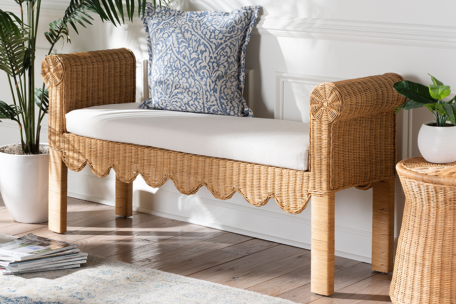Picture of Bali & Pari 193271454624 Reiko Handwoven Scalloped Detailing Natural Rattan Bench - Light Honey