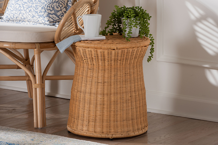 193271456475 Caroline Round Natural Rattan Handwoven Wicker Drum Shape Accent End Table - Light Honey