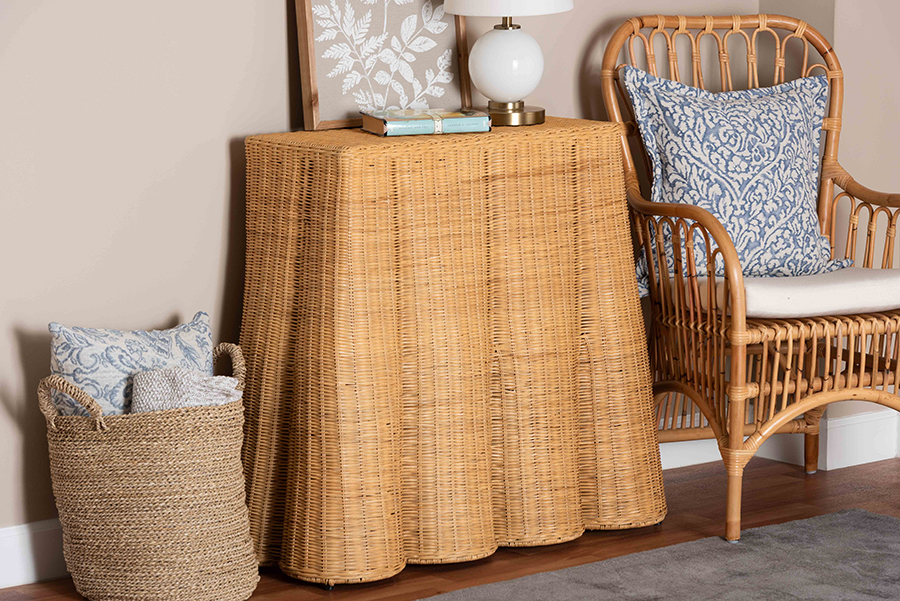 193271456536 36 in. Rectangle Palm Scallop Coastal & Boho Decor Handwoven Wicker Accent Natural Rattan Console Table - Light Honey