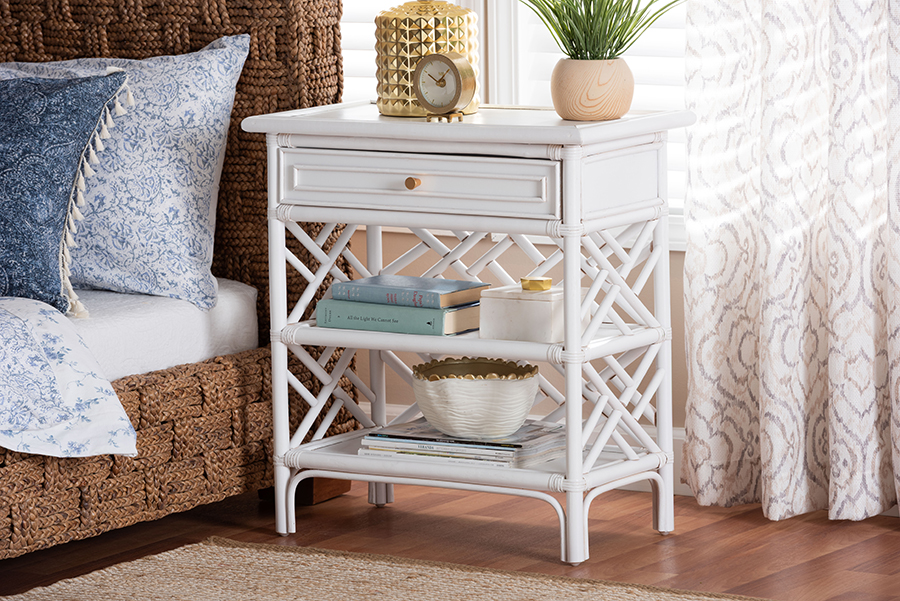 Picture of Bali & Pari 193271461448 Tiaret Chippendale-Style Natural Rattan Nightstand with Drawer & Shelves - White