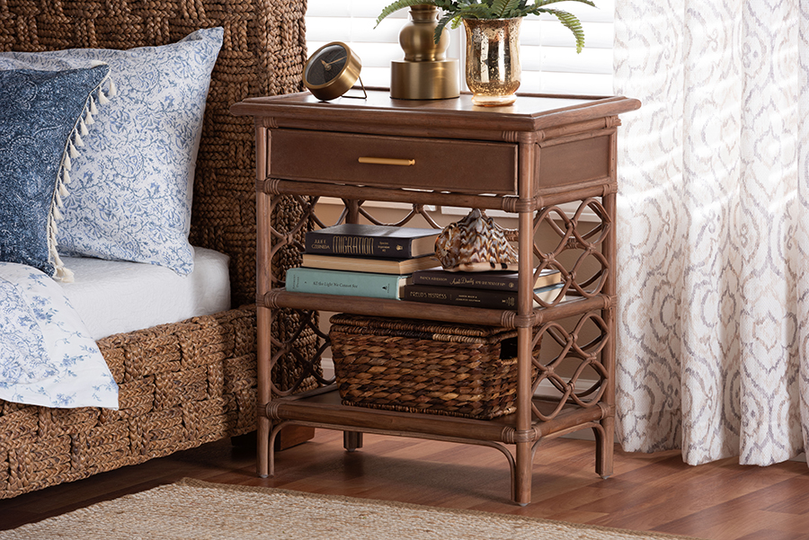 Picture of Bali & Pari 193271461479 Akane Lattice Design Natural Rattan Nightstand with Drawer & Open Shelves - Antique Brown