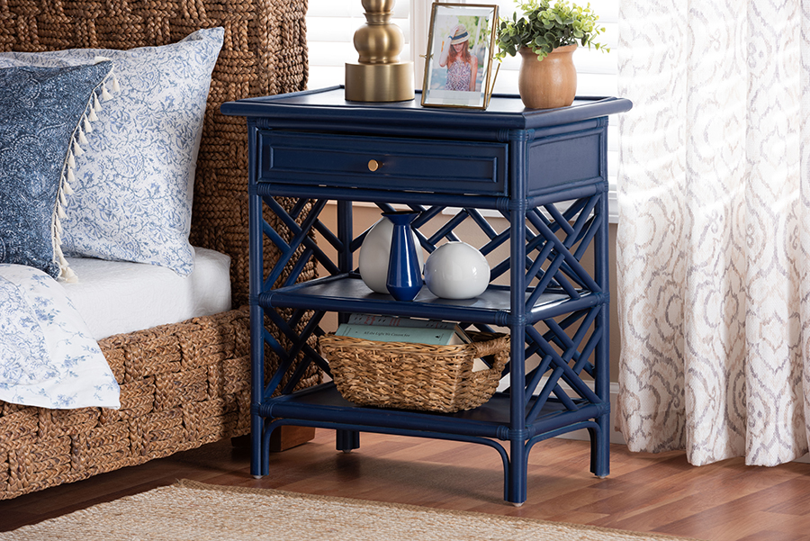 Picture of Bali & Pari 193271461486 Tiaret Chippendale-Style Natural Rattan Nightstand with Drawer & Shelves - Blue