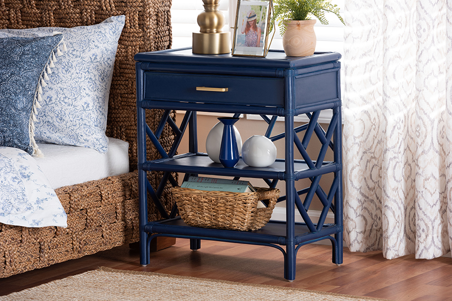 Picture of Bali & Pari 193271461493 Daina Geometric Design Natural Rattan Nightstand with Drawer & Open Shelves - Blue