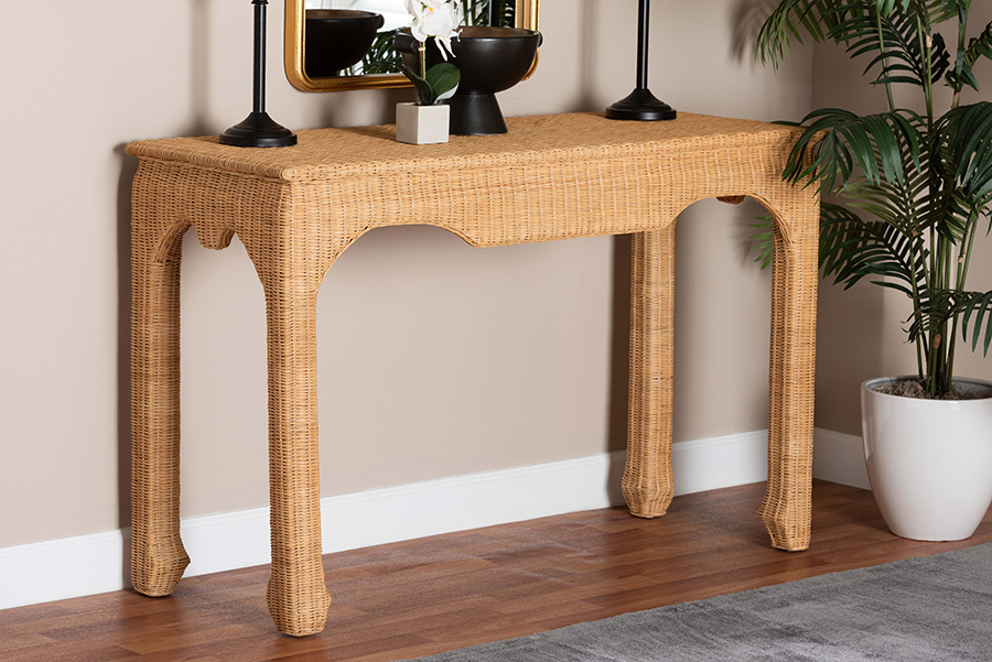 193271464173 Abena Handwoven Ming Style Wicker Accent Natural Rattan Console Table - Light Honey