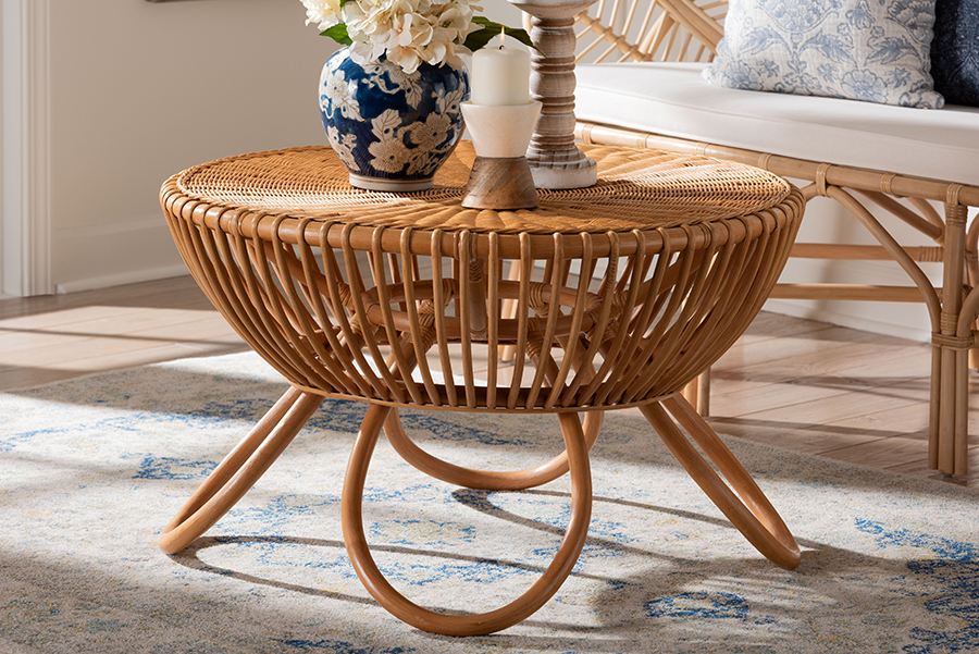 193271464241 Abel Natural Handcrafted Boho Accent Rattan Coffee Table with Splayed Legs - Light Honey