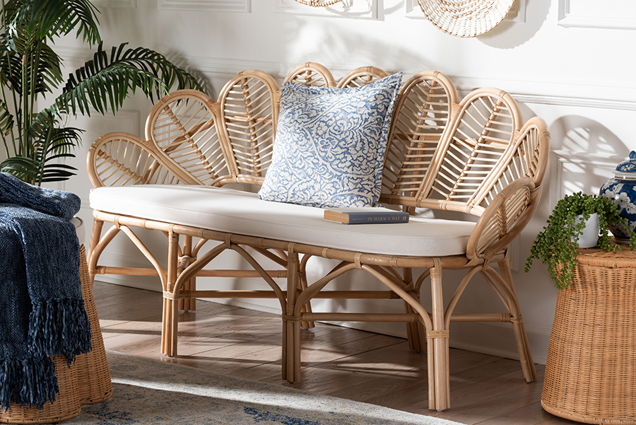 Picture of Bali & Pari 193271464265 Eliava Indoor Scalloped Fan Back Design Rattan Accent Bench with Removable Cushion - Natural Brown