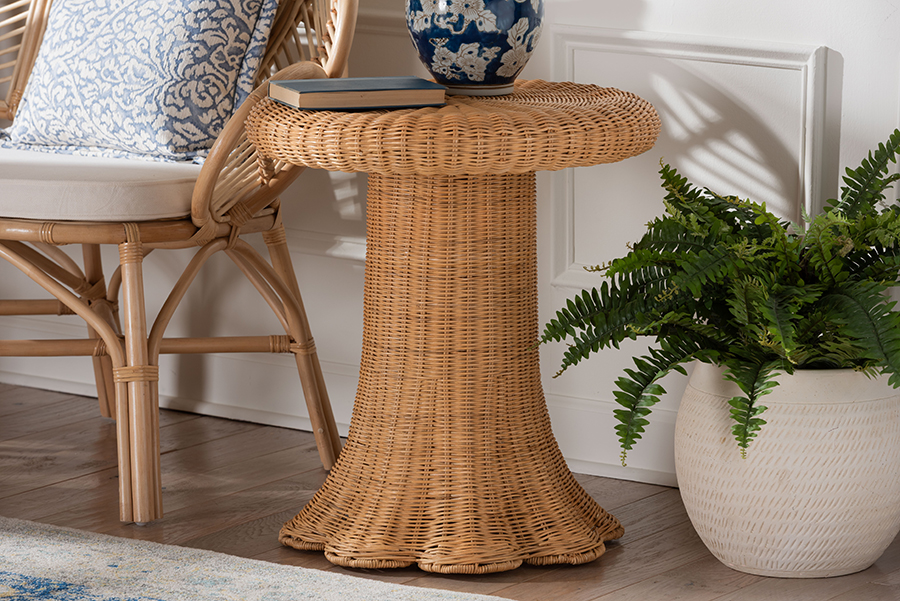 193271464289 Avalon Scallop Boho Coastal Style Round Handwoven Wicker Natural Rattan Pedestal Accent Side Table - Light Honey