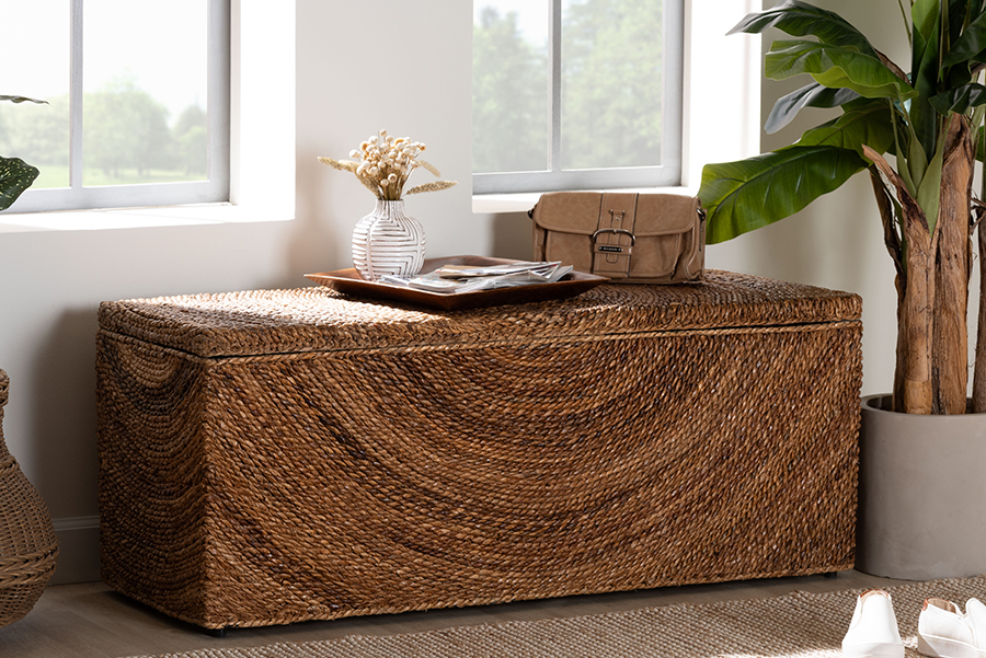Picture of Bali & Pari 193271464296 Verino Handwoven Seagrass Rustic Wicker Trunk Chest Storage Bench with Removable Lid - Natural Brown & Espresso Brown