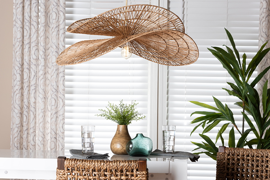 Theanna Woven Jute Pendant Lampshade, Handwoven Floral Light Accessory,Natural Wicker Ceiling Shade