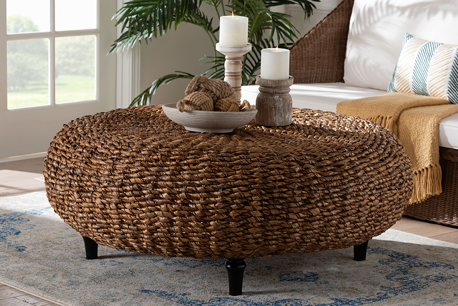 193271464678 Riau Handwoven Seagrass Wicker Round Coffee Table with Wooden Legs - Natural Brown & Espresso Brown