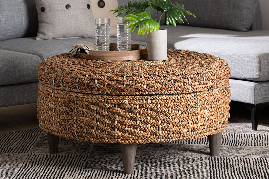 Picture of Bali & Pari 193271464685 Bailey Handwoven Seagrass Rustic Wicker Trunk Round Storage Ottoman with Lift Top Lid - Natural & Espresso Brown