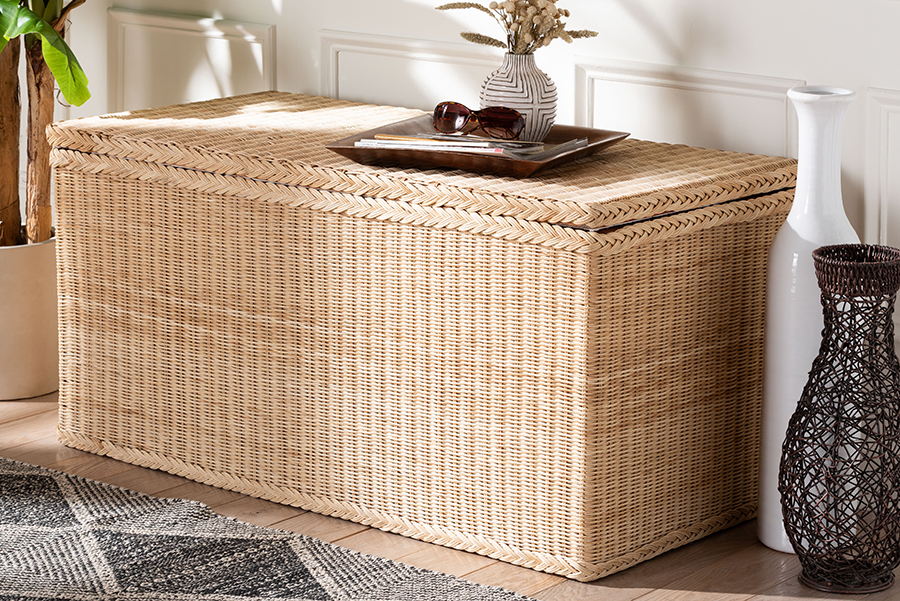 Picture of Bali & Pari 193271466443 Caden Braided Coastal Boho Style Storage Chest with Lift top Lid - Natural Rattan