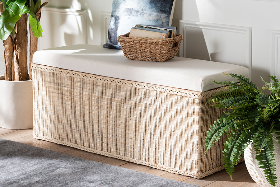 Picture of Bali & Pari 193271466450 45 in. Rectangle Barid Braided Coastal Boho Style Rattan Storage with Chest Cushioned Lift-Top Lid - Natural