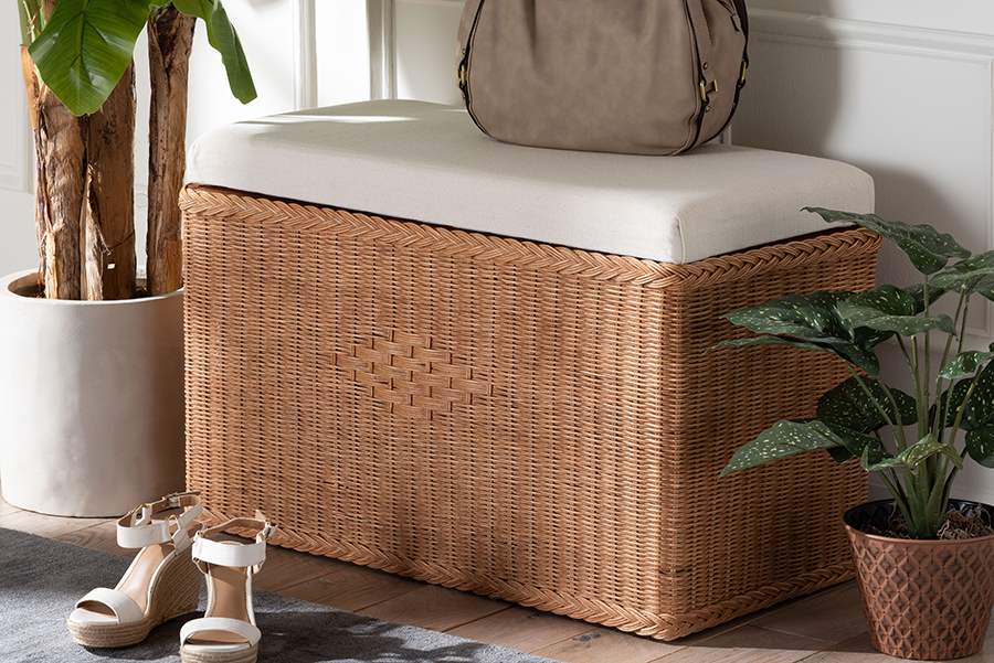 Picture of Bali & Pari 193271466467 31 in. Rectangle Eamon Braided Natural Coastal Boho Style Rattan Storage Chest with Cushioned Lift-Top Lid - Brown