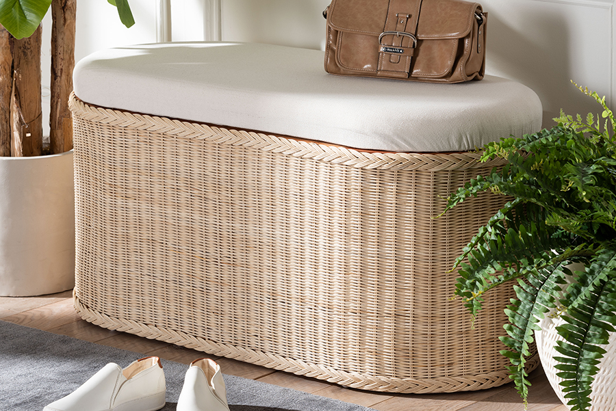 Picture of Bali & Pari 193271466474 39 in. Oval Barid Braided Coastal Boho Style Rattan Storage Bench Chest with Cushioned Lift-Top Lid - Natural