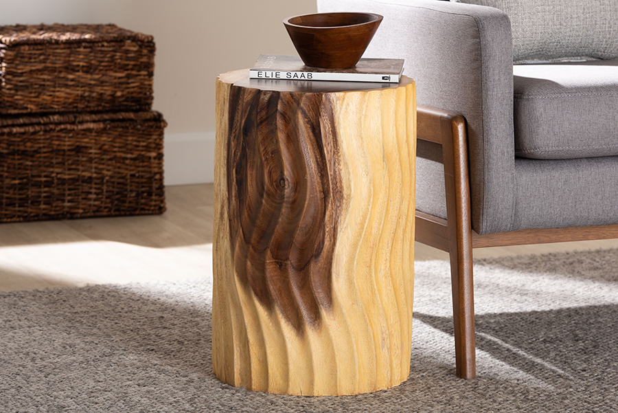 Picture of Bali & Pari 193271466535 Fuchsia Hand-carved Suar Wood Modern Boho Rustic Style Round Sculptural Accent Side Table - Natural Brown