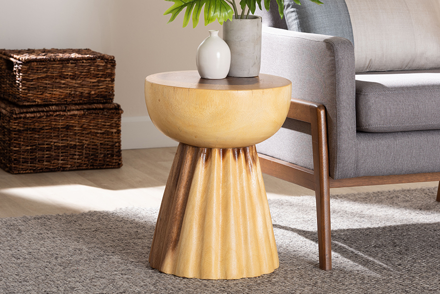 Picture of Bali & Pari 193271466559 Alara Hand-carved Suar Wood Sculptural Pedestal Natural Grain Modern Boho Style Accent Table - Natural Brown