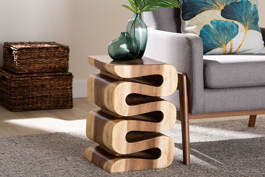Picture of Bali & Pari 193271466573 Eliada Hand-carved Suar Wood Wavy Sculptural Stacked Design Modern Boho Style Accent Side Table - Natural Brown