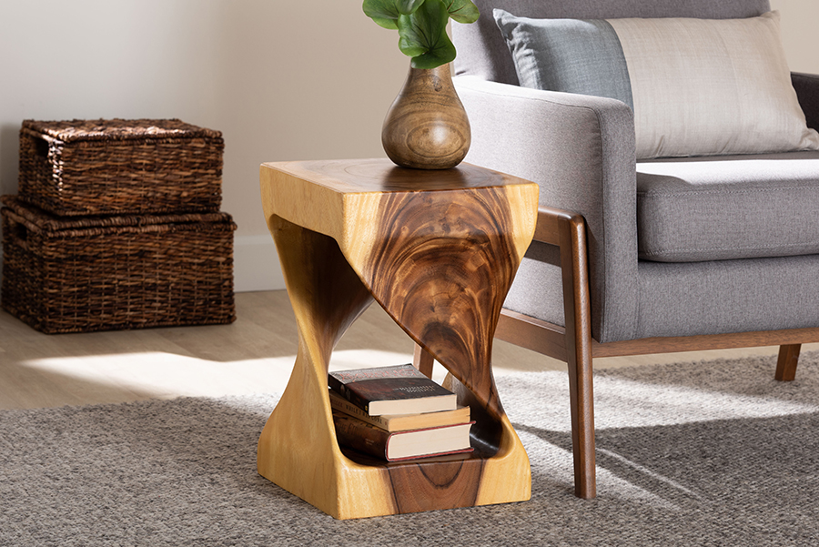 Picture of Bali & Pari 193271466580 Rapha Hand-carved Suar Wood Sculptural Twist Design Modern Boho Style Accent Table with Shelf - Natural Brown