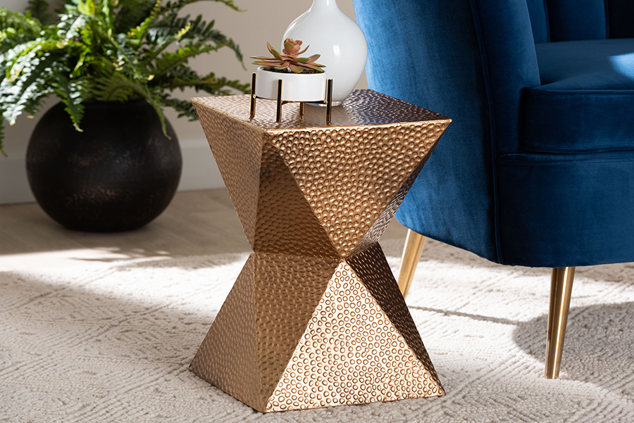 Picture of Baxton Studio 193271466603 Pacey Textured Metal Geometric Gold Accent Side Table with Hourglass Silhouette - Indoor or Semi-Outdoor - Bronze
