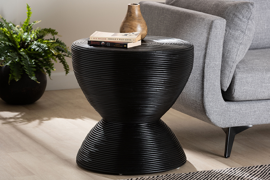 Picture of Bali & Pari 193271466719 Tokyo Laminated Natural Rattan Modern Sculptural Design Boho Chic Style Hourglass Accent Side Table - Black