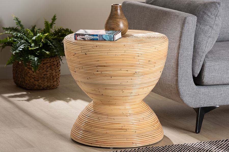 Picture of Bali & Pari 193271466726 Tokyo Laminated Natural Rattan Modern Sculptural Design Boho Chic Style Hourglass Accent Side Table - Natural Brown