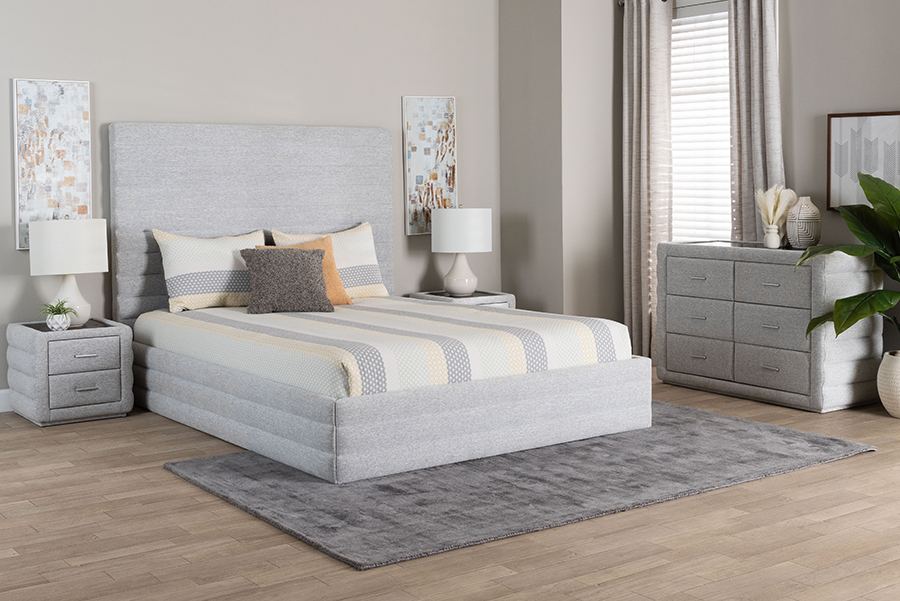 Picture of Baxton Studio 193271446742 Cadmus Modern Channel-Tufted Fabric Bedroom Set&#44; Light Gray - Queen Size - 4 Piece