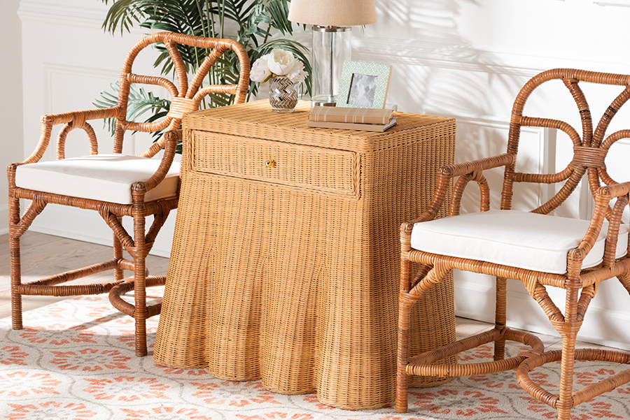 Coastal Boho Style Chica Scalloped Natural Rattan Rectangle Console Table with Drawer - Handwoven Wicker Accent with Flared Skirt - Light Honey