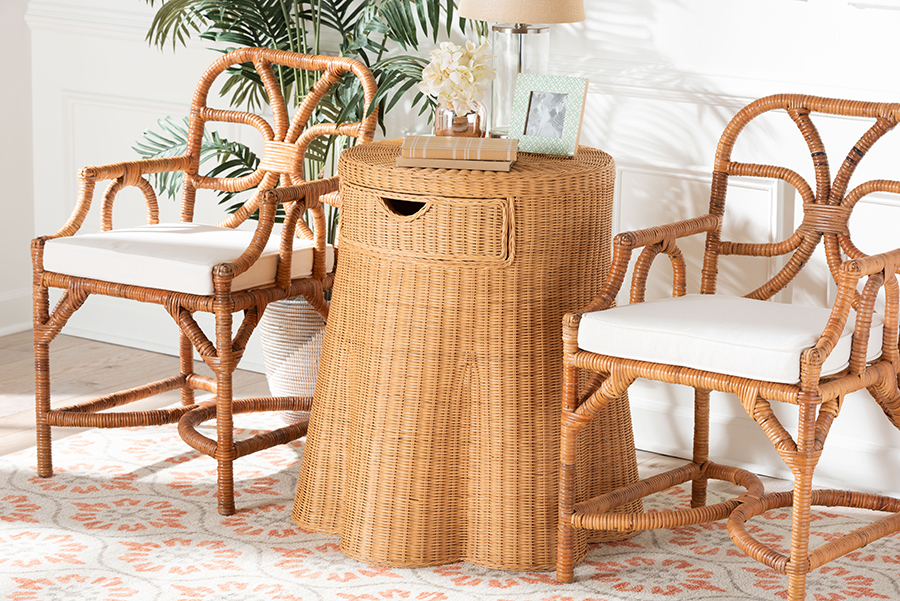 Coastal Boho Style Dayo Scalloped Natural Rattan Round Console Table with Drawer - Handwoven Wicker Accent with Flared Skirt - Light Honey