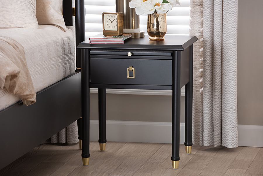 193271472833 Modern Transitional with Metallic Accents Tamra Wood Nightstand with Pullout Shelf - Black