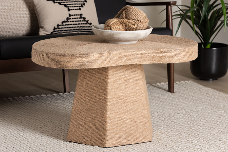 193271473236 Lenka Natural Jute Coffee Table - Textured Handwoven Cocktail with Sculptural Base & Irregular Top - Natural Brown