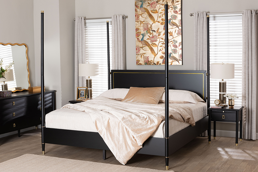 193271473328 Modern Transitional Tamra Four-Poster Platform Bed - Wood Frame with Metallic Trim & Capped Legs - Black - King Size