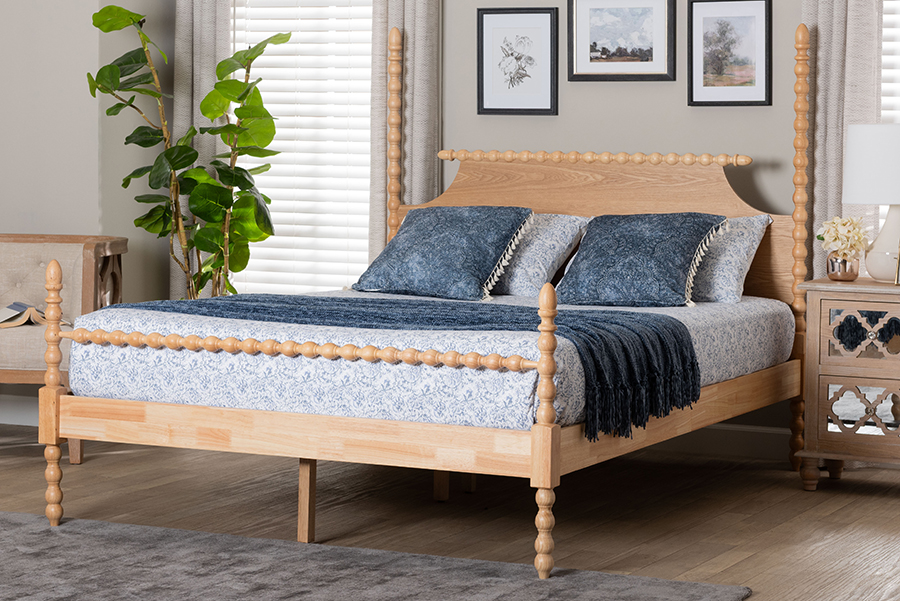 Vintage-Inspired Caliana Bobbin Four-Poster Platform Bed - Wooden Frame with Turned Spindle Posts & Panel Headboard - Natural Brown - King Size