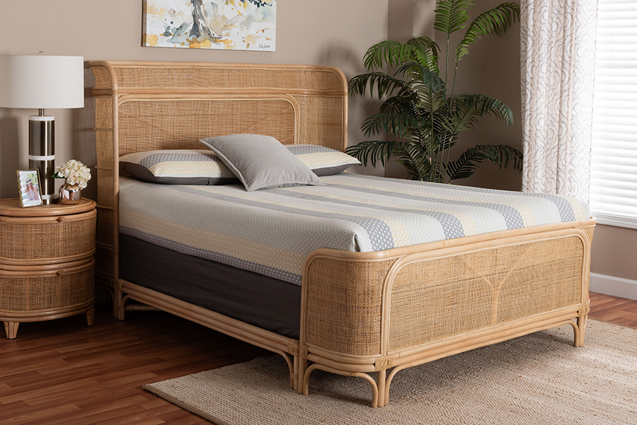 193271475568 Boho Coastal Style Fiore Natural Rattan Bed Frame - Handwoven Wicker Headboard & Footboard with Curved Corners - Natural - Queen Size