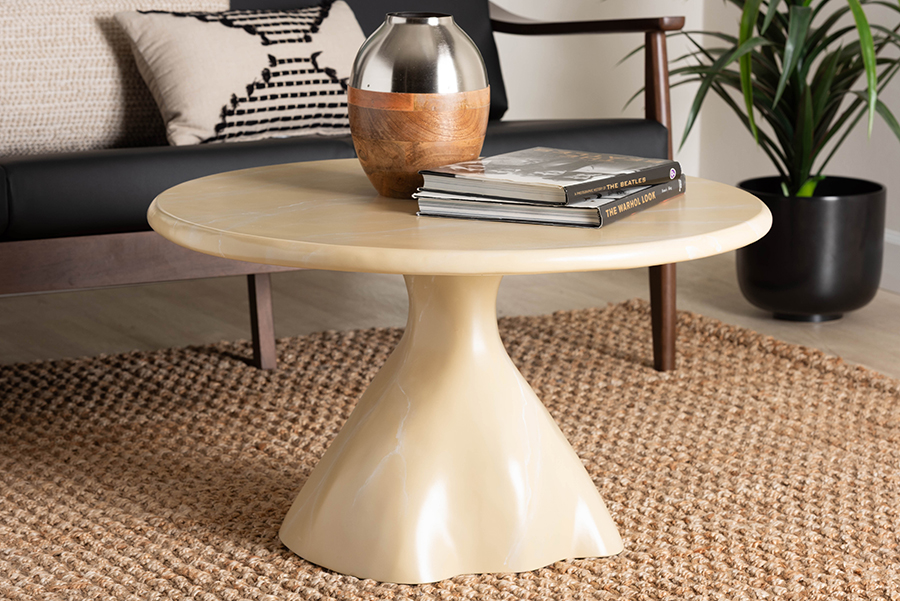 193271475728 Modern Contemporary Statement Sculptural with Round Top & Pedestal Base Aponi Marbled Resin Coffee Table - Cream