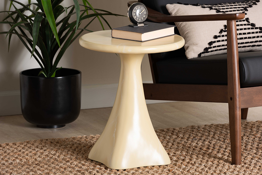 193271475735 Modern Contemporary Statement Aponi Marbled Resin End Table - Sculptural Side Table with Round Top & Pedestal Base - Cream