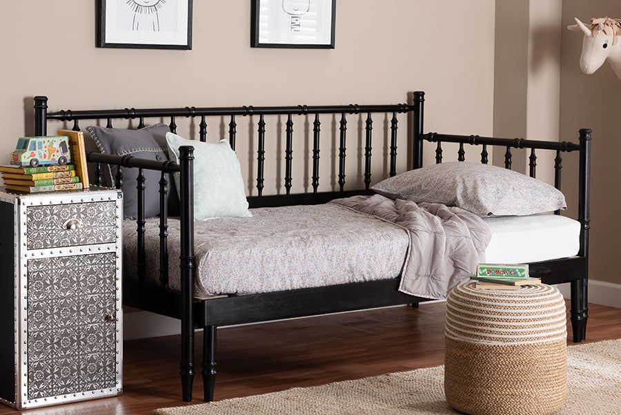 193271476145 Modern Transitional Marisela Expandable Daybed - Wood Spindle Bed Frame with Bamboo-Inspired Posts - Black - Twin to King Size