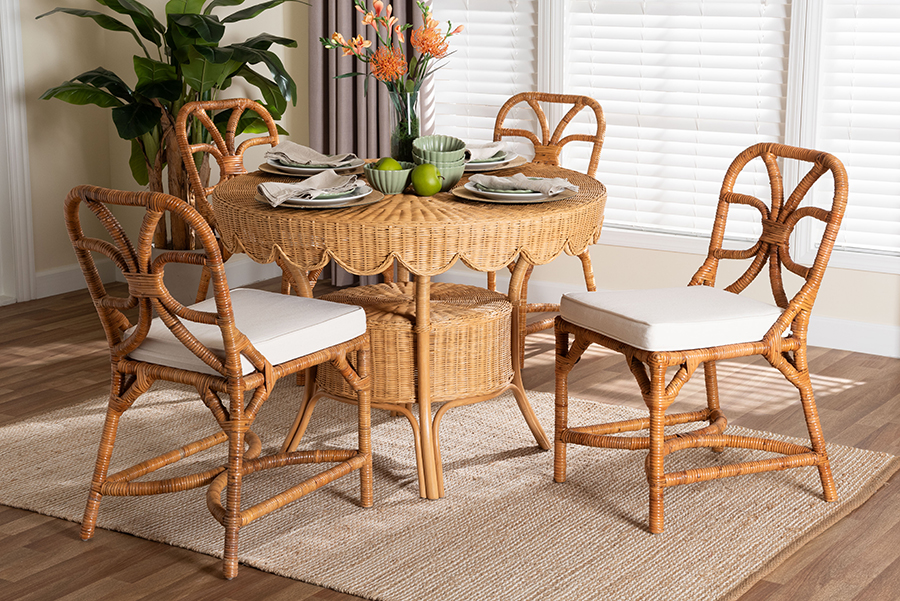 193271491629 Handwoven Boho Coastal Style Trenton Rattan Dining Set - Round Wicker Table with Scallop Edge & 4 Side Chairs - Light Honey - 5 Piece