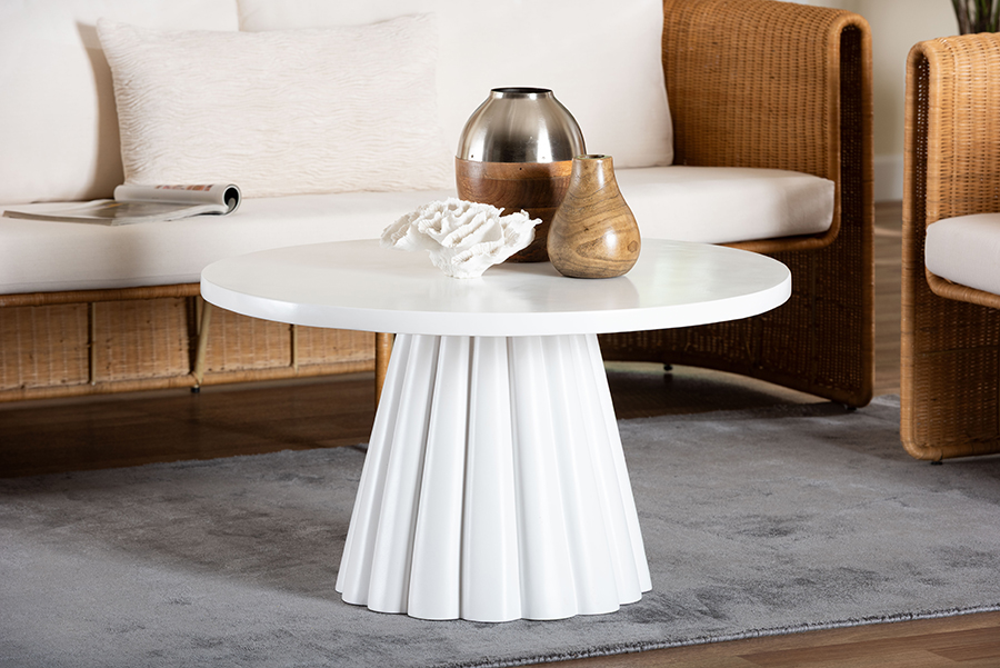 193271475742 Parvana Round Coffee Table with Fluted Pedestal Base, White