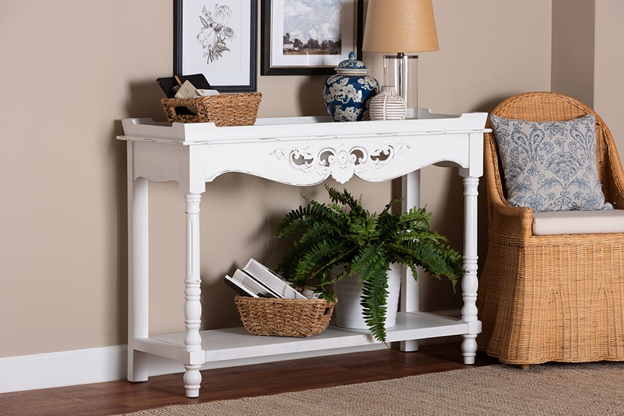 193271480197 Rafferty Distressed Console Table - Vintage-Inspired White Accent Table with Ornate Carved Apron & Lower Shelf, White