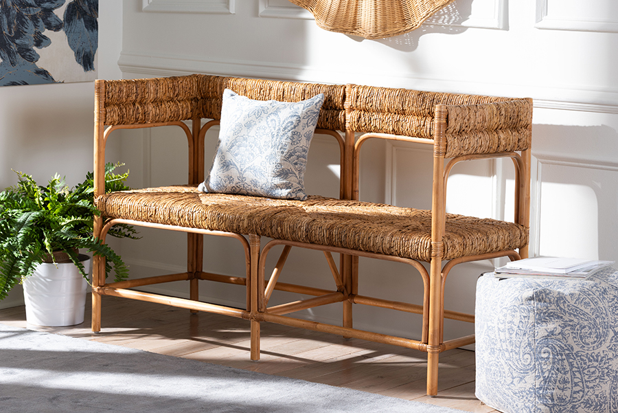 33.50 x 55.50 x 20.90 in. Handcrafted Solid Wood Console Adisa Natural Rattan Bench with Woven Seagrass Seat & Back, Light Honey & Natural Brown