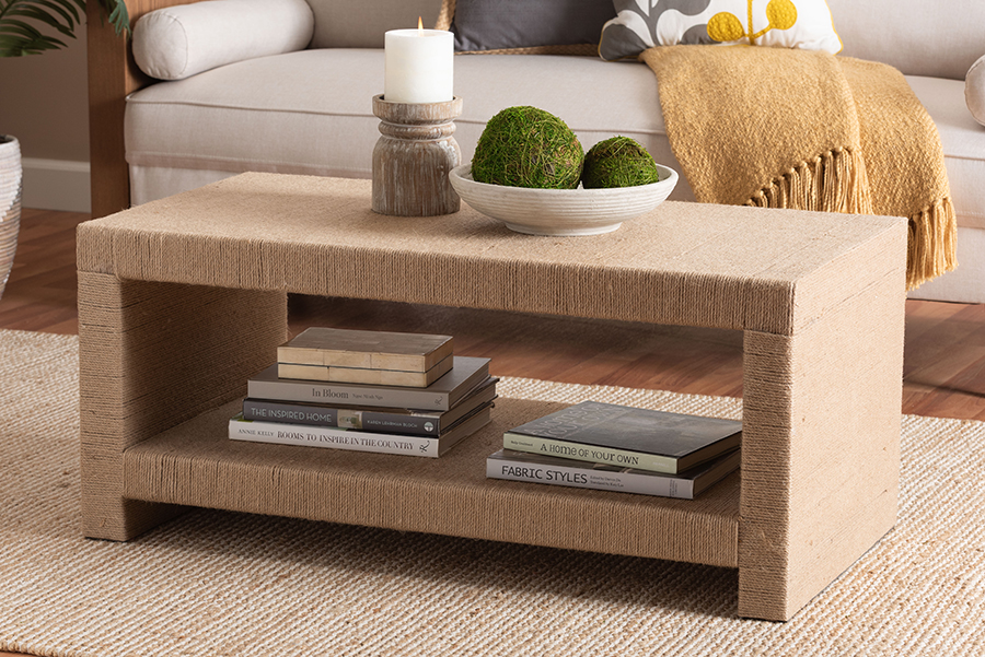 17.20 x 39.50 x 20.20 in. Adaya Handwoven Jute Coffee Table & Rectangular Living Room Center Table with Open Shelf Storage, Natural Brown