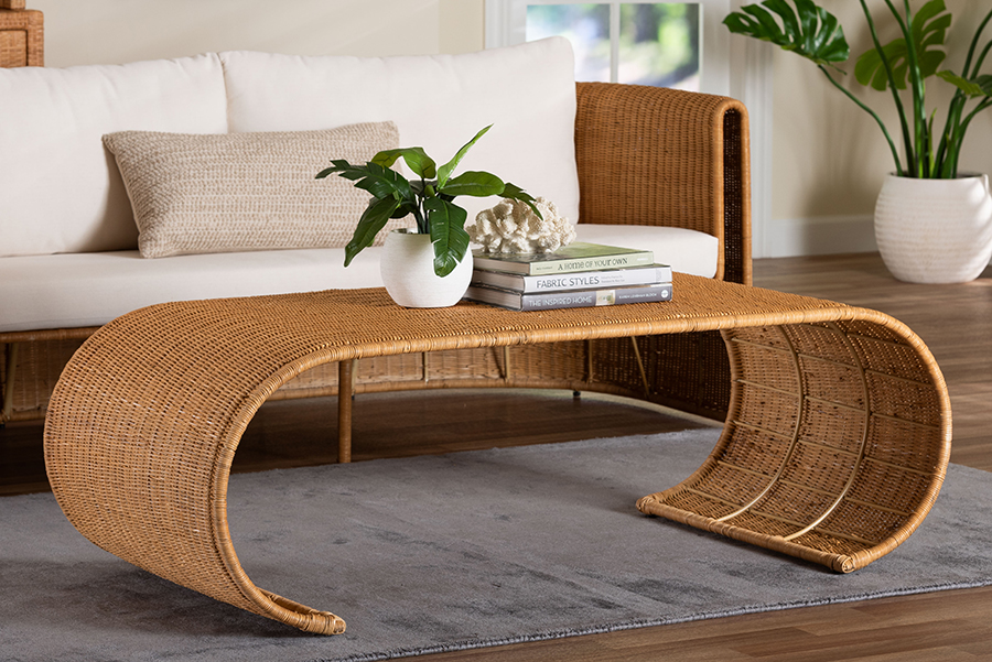 193271469277 Palm Waterfall Natural Rattan Coffee Table, Light Honey
