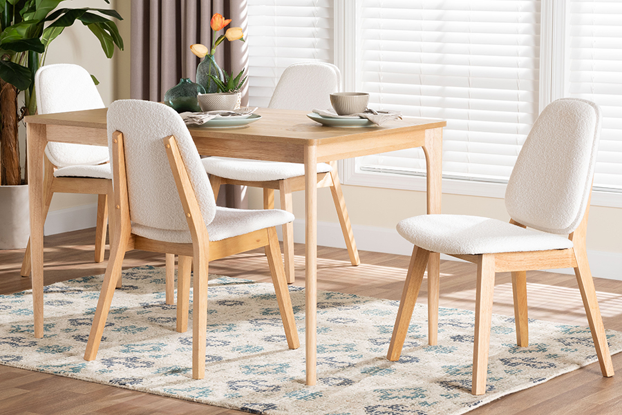 Picture of Baxton Studio 193271465538 29.50 x 47.20 x 29.90 in. Hudson 5 Piece Solid Wood Rectangular Dining Set with Boucle Upholstered Chair, White & Natural Brown