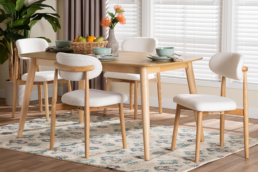 Picture of Baxton Studio 193271465521 29.50 x 59.10 x 35.40 in. Emily 5 Piece Solid Wood Rectangular Dining Set with Boucle Upholstered Chair, White & Natural Brown