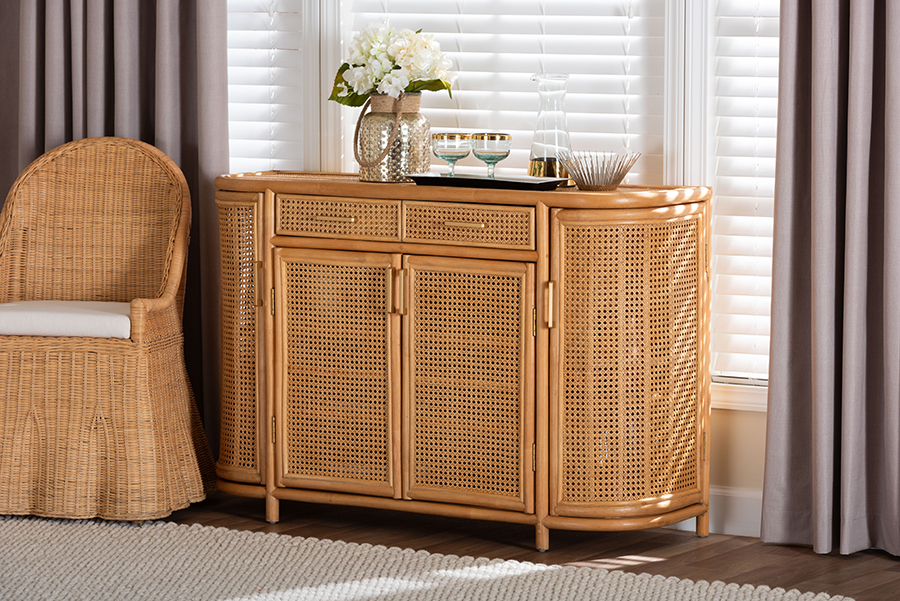 193271475230 McKenna Natural Rattan 2-Drawer Sideboard with Handwoven Wicker Buffet Credenza, Light Honey & Gold