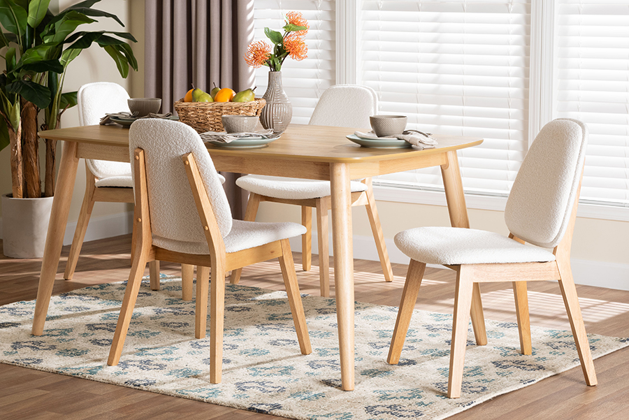 Picture of Baxton Studio 193271465545 29.50 x 59.10 x 35.40 in. Jennica 5 Piece Solid Wood Rectangular Dining Set with Boucle Upholstered Chair, White & Natural Brown