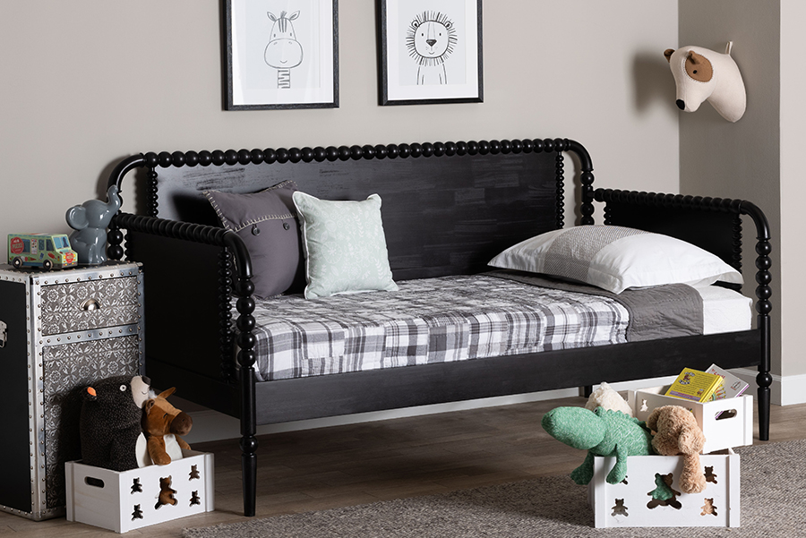 193271472505 Lucera Bobbin Twin Size Daybed with Wooden Spindle Bed Frame, Black