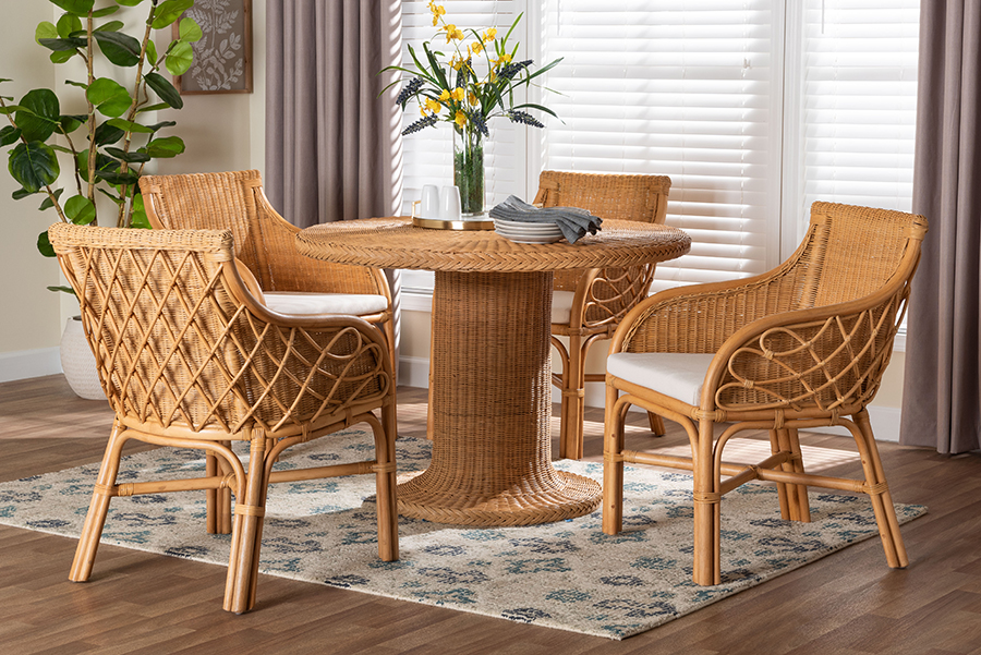 Picture of Bali & Pari 193271491445 29.50 x 42.10 x 42.10 in. Wymond 5 Piece Rattan Dining Set - Round Wicker Table with Pedestal Base & 4 Armchairs, Light Honey