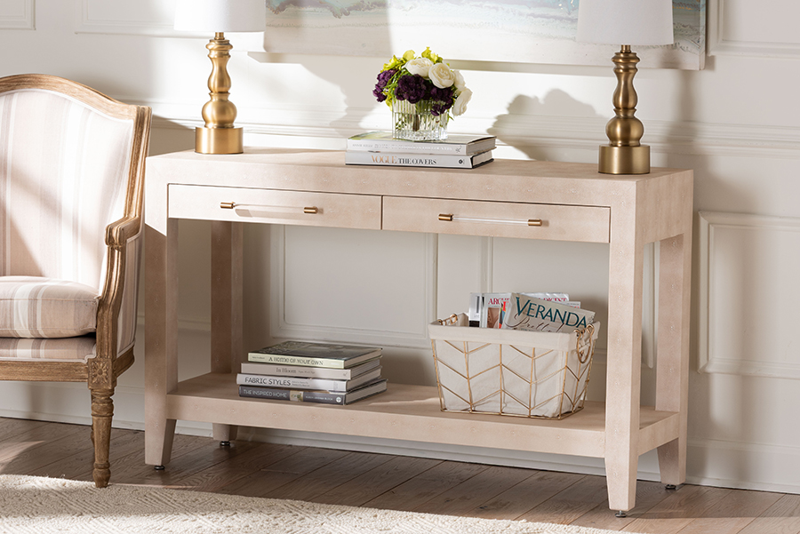 193271480906 Contemporary Accent Display Nira Faux Shagreen Console Table with 2-Drawers & Open Shelf, Beige & Brass